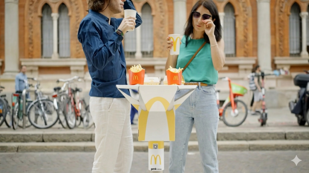 Pareja utilizando el packaging creativo TableBag de McDonald's en un bolardo de Milán.