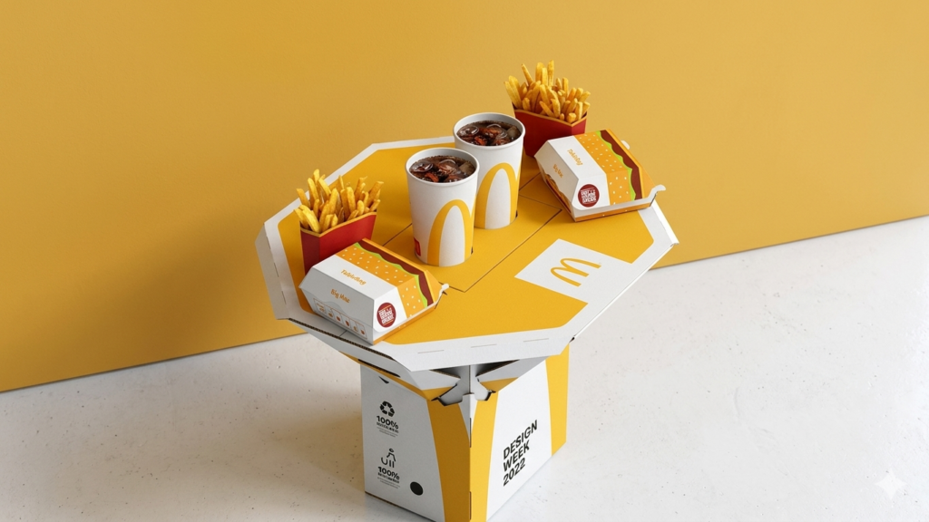 Diseño de empaque y packaging creativo de cartón desplegado con menú de hamburguesa y patatas.
