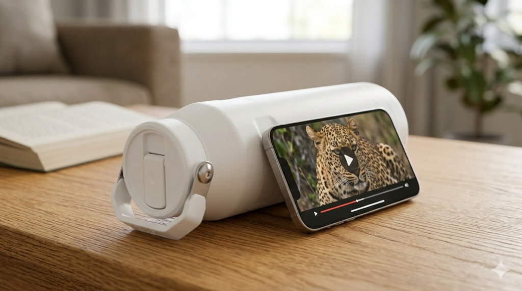 Lifehacks para oficina: botella térmica de acero utilizada como soporte ergonómico para smartphone en el escritorio.