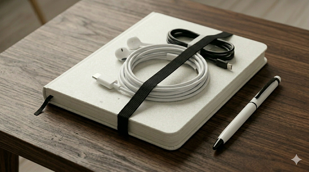 Truco de organización: libreta con goma elástica sujetando cables de carga para evitar que caigan al suelo.