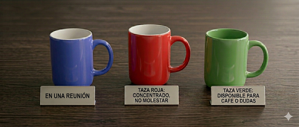 Tazas de oficina roja, azul y verde con carteles de estado para mejorar la productividad y comunicación del equipo.
