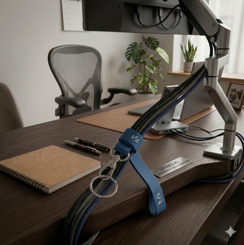 Lifehacks con lanyards para oficina: cordón azul reutilizado para organizar cables en un escritorio moderno.